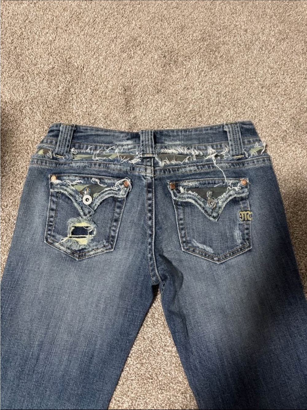 Miss Me Blue Distressed Boot Cut Jeans with Embroidered Pockets